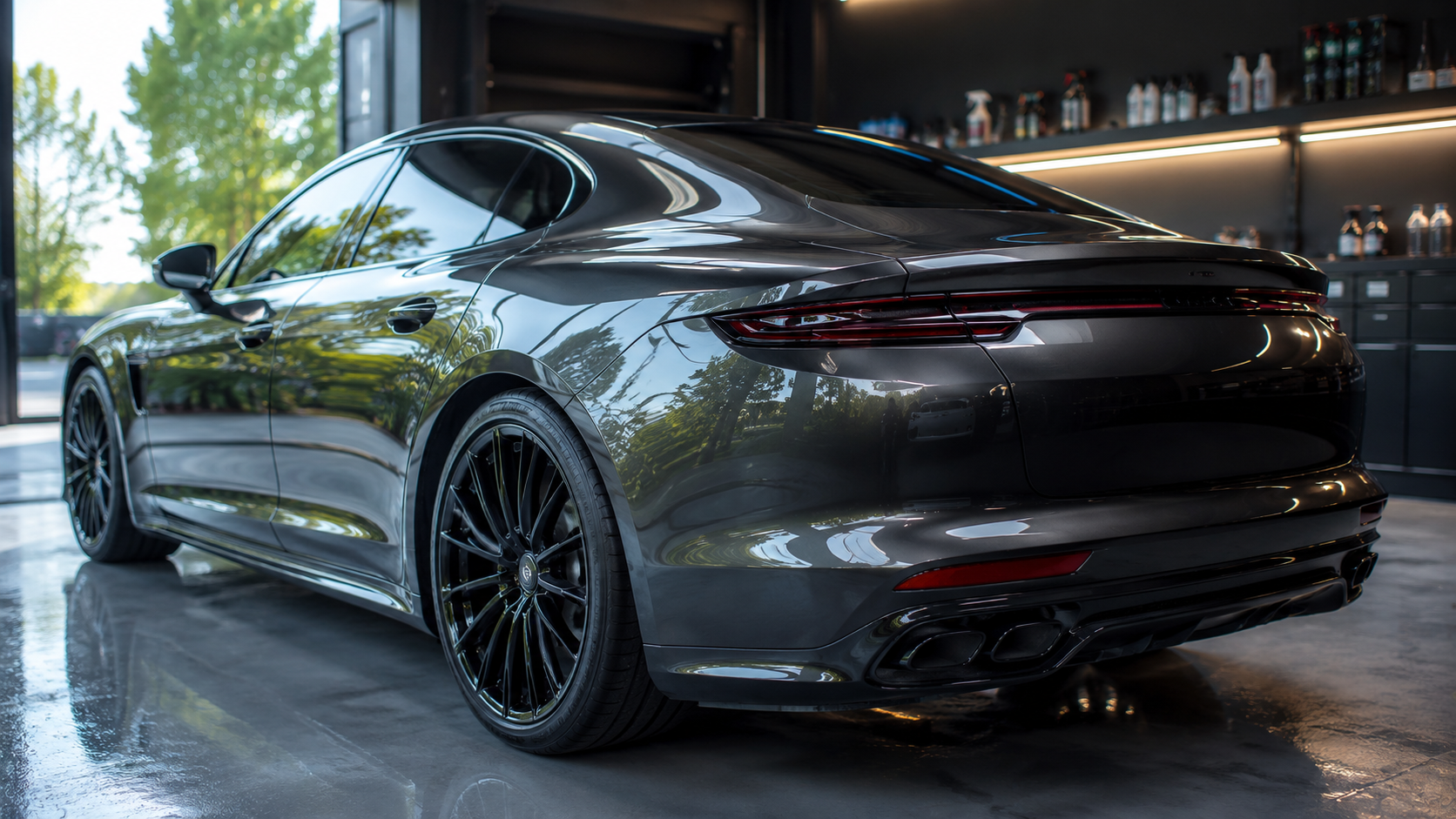 Dark gray sports sedan with high-gloss ceramic coating protection inside a professional detailing facility.