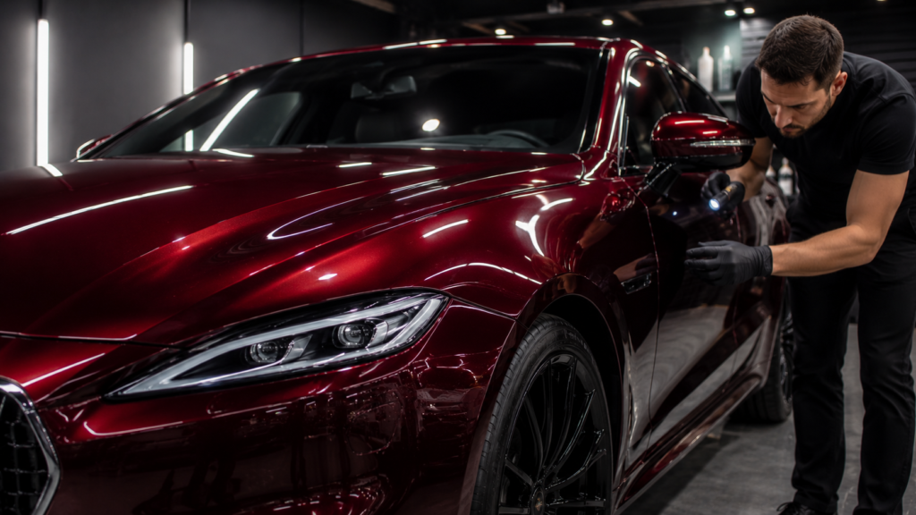 Dark metallic red luxury sedan with a freshly cured ceramic coating inside a professional detailing facility.