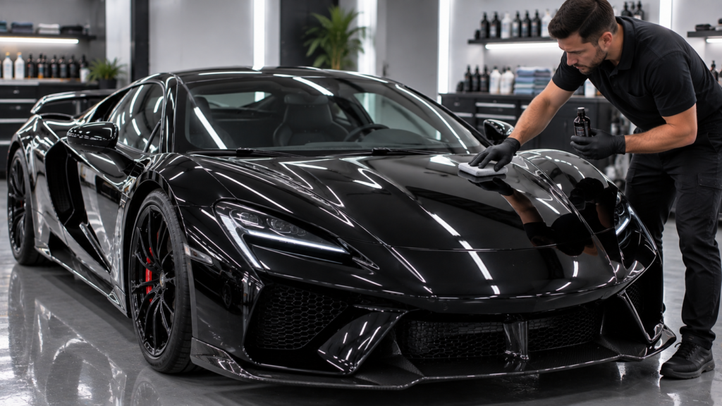 Black exotic sports car inside a detailing bay showcasing deep paint reflection and gloss.