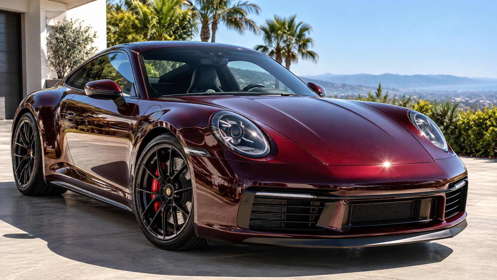 Metallic burgundy sports car with high-gloss clear coat paint protection under bright California sun.