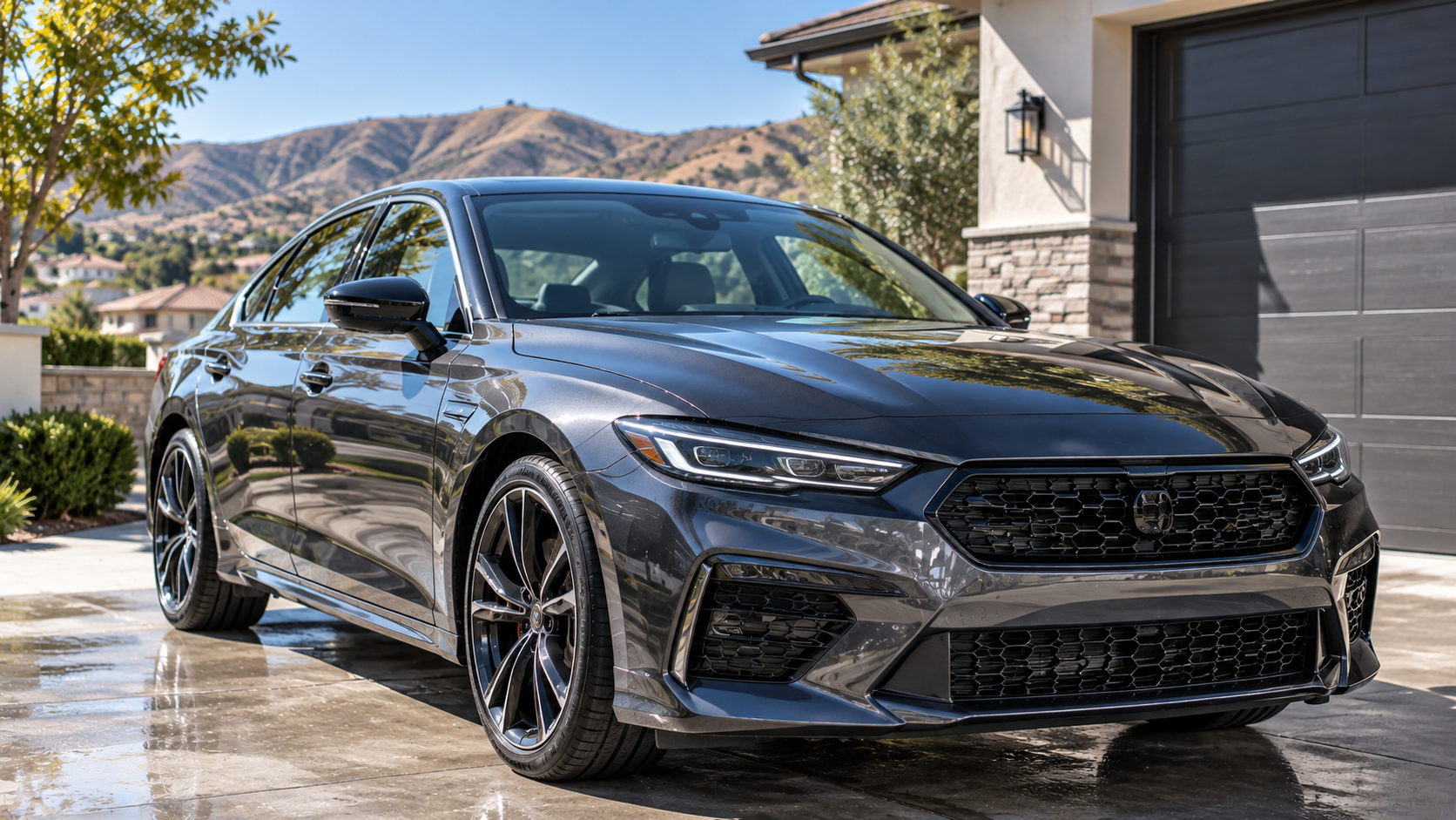 Dark grey metallic daily driver sedan protected with ceramic coating in Santa Clarita.