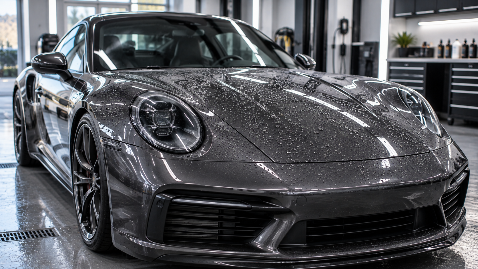High-gloss vehicle hood showing hydrophobic water beading after ceramic coating application.