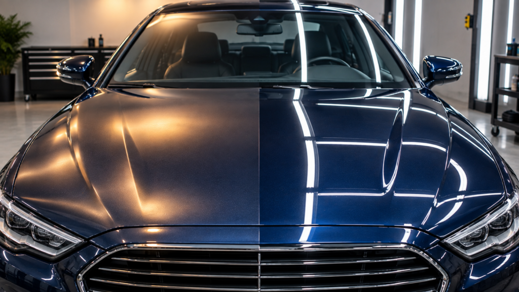 Dark metallic blue luxury car hood showing gloss and paint protection inside a professional detailing facility.