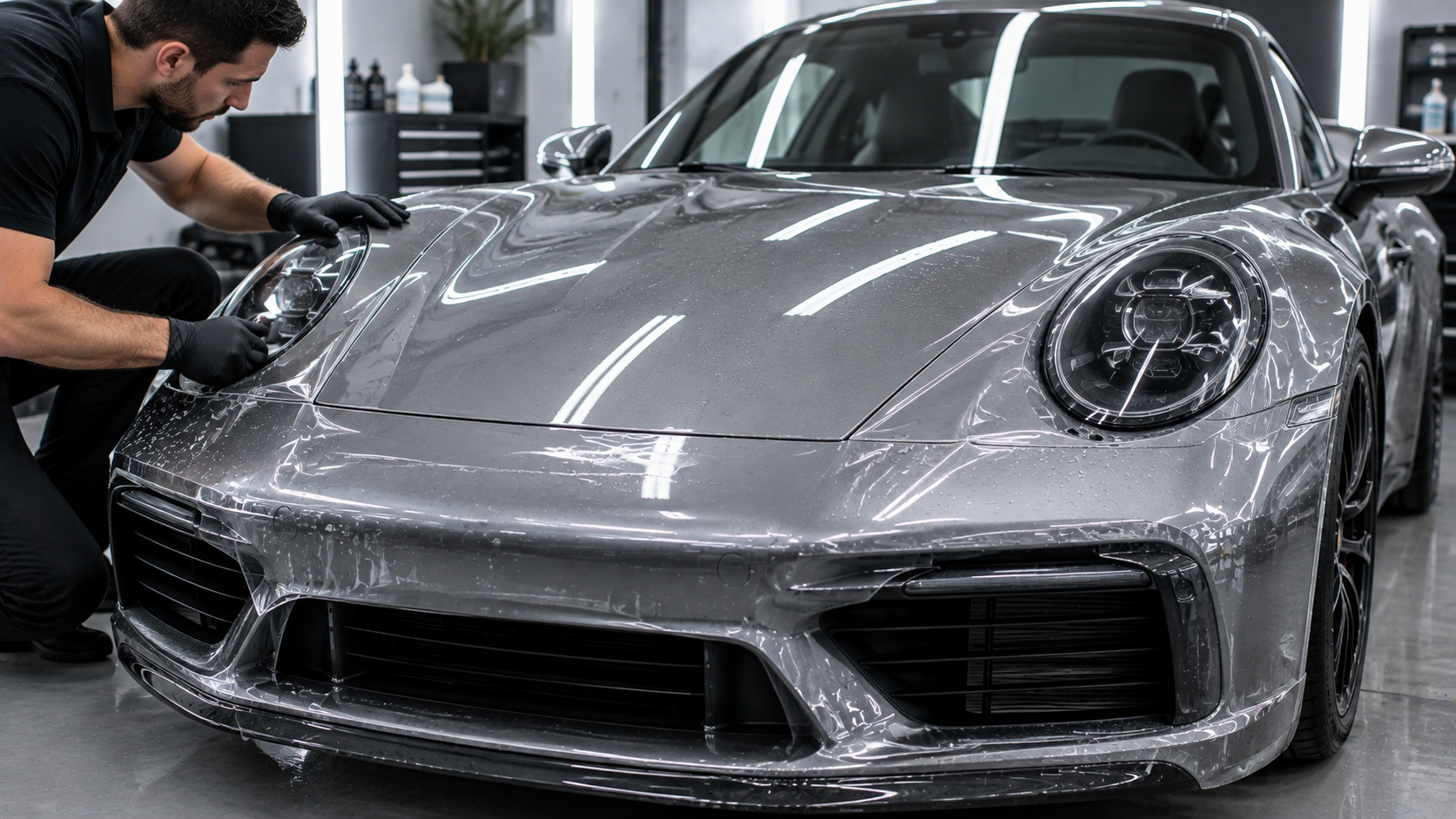 Metallic silver sports car showing clear paint protection film and ceramic coating finish in a detailing bay.