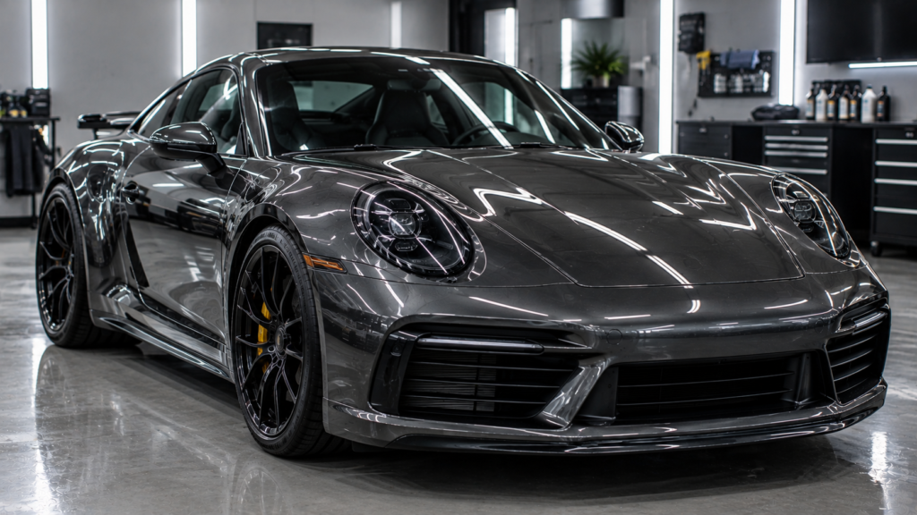 Sleek charcoal sports coupe with high-gloss ceramic coating protection in a detailing studio.
