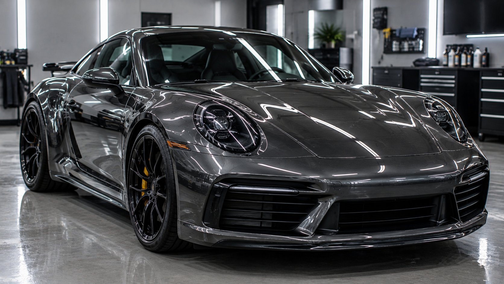 Sleek charcoal sports coupe with high-gloss ceramic coating protection in a detailing studio.
