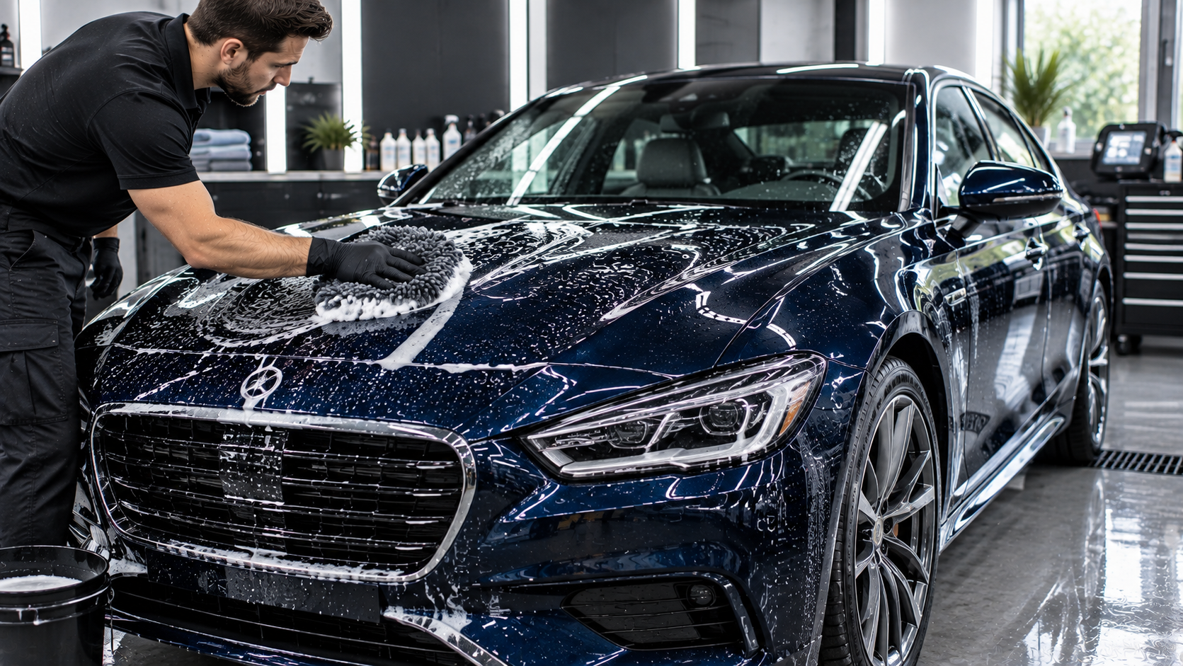 Hand washing a dark blue metallic luxury car with Ceramic Pro coating protection in a detailing studio.