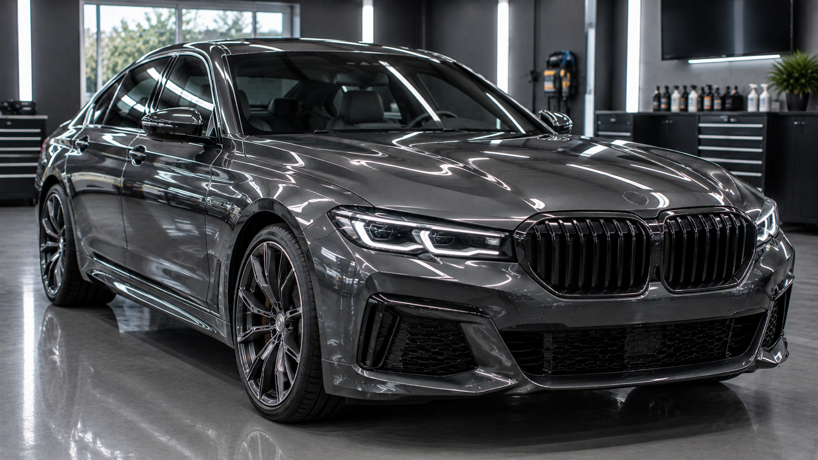 Metallic dark grey luxury leased sedan with glossy ceramic coating protection in a detailing bay.