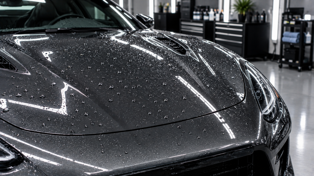 Dark charcoal sports car hood showcasing hydrophobic water droplets after detailing.