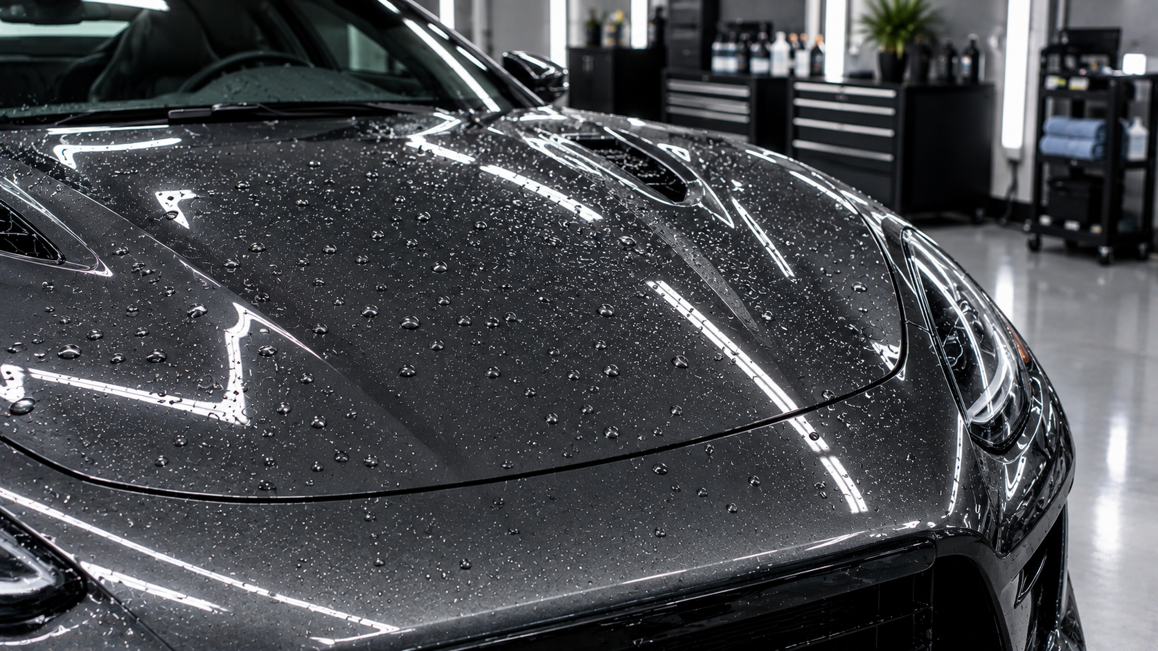 Dark charcoal sports car hood showcasing hydrophobic water droplets after detailing.