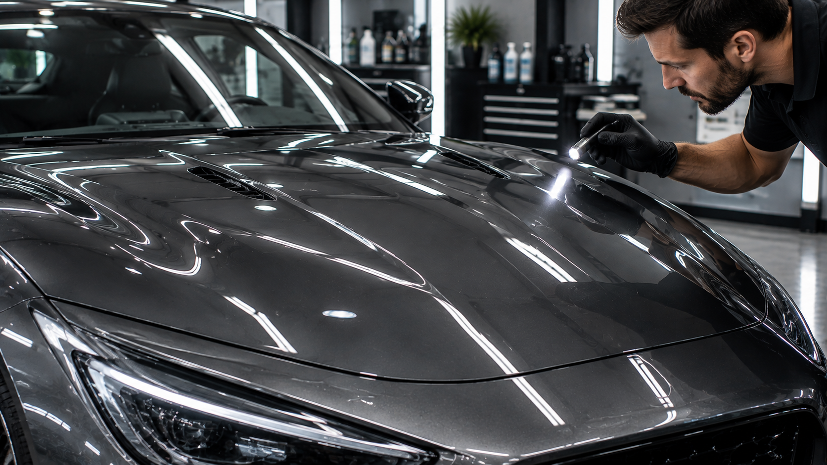 Dark metallic grey sports car hood inspected under detailing shop lights after ceramic coating care