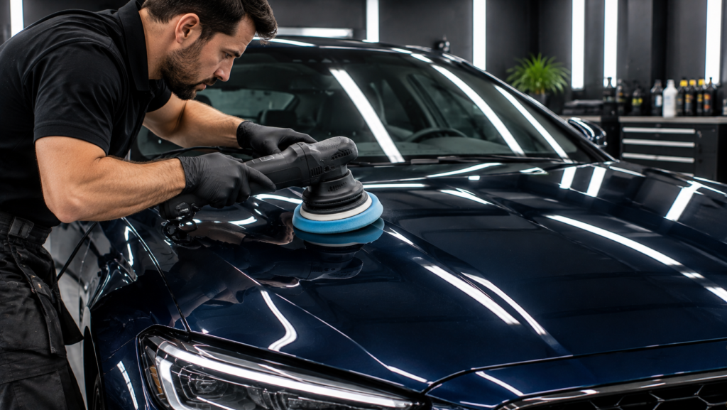 Detailing technician performing machine paint correction on a metallic blue car hood prior to ceramic coating.
