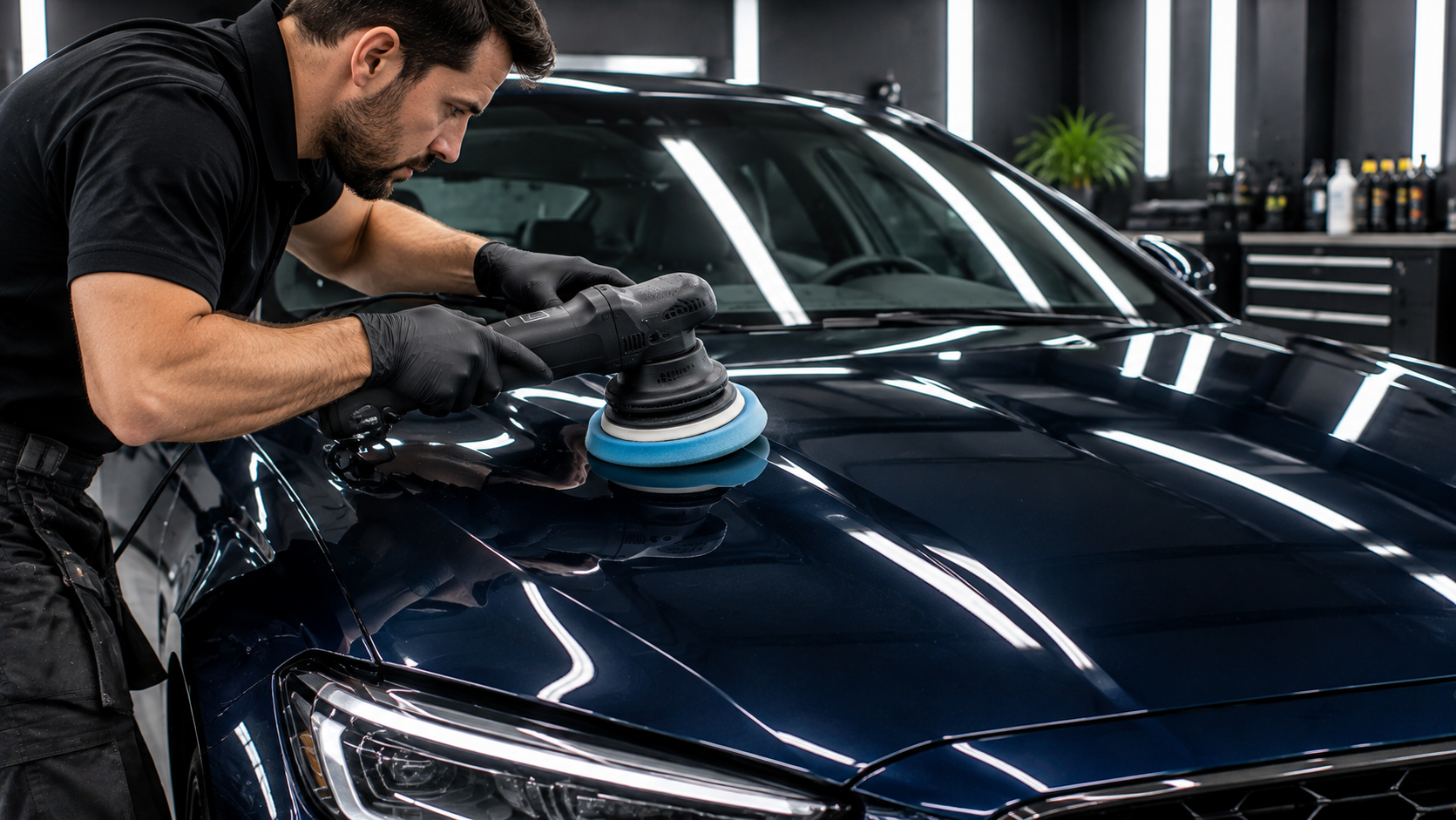 Detailing technician performing machine paint correction on a metallic blue car hood prior to ceramic coating.