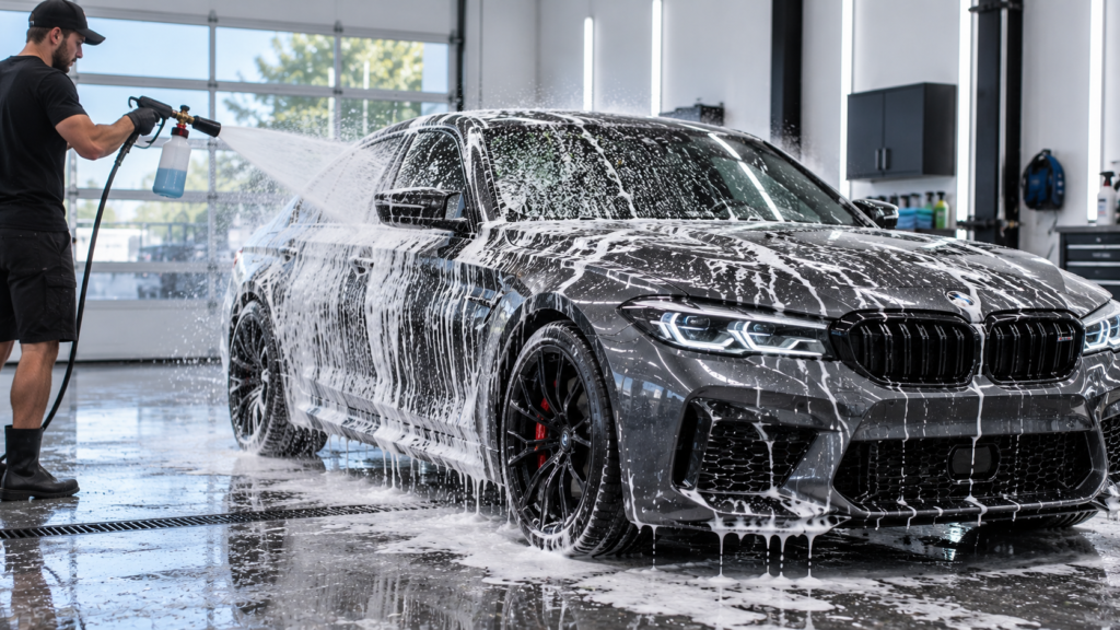 Hand washing a metallic grey sports sedan with foam cannon soap on a ceramic-coated finish.