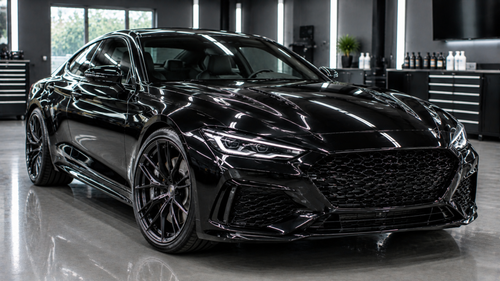 Metallic black luxury car with mirror-like ceramic coating reflection inside a detailing bay