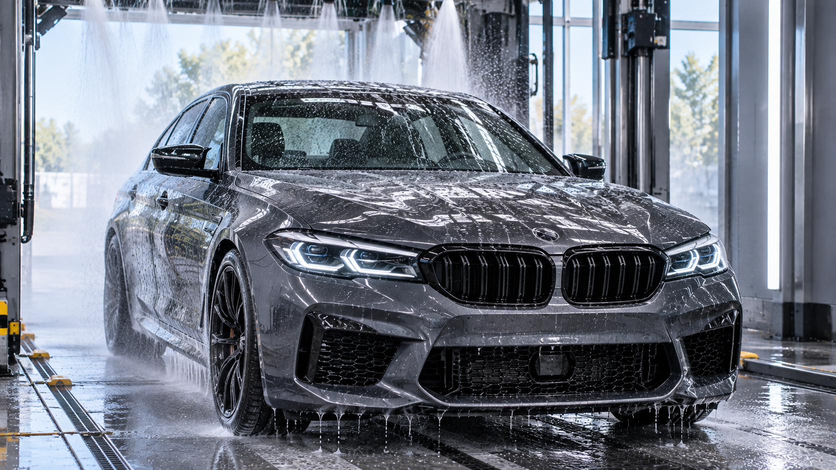 ark grey sports sedan with hydrophobic ceramic coating protection exiting a car wash.