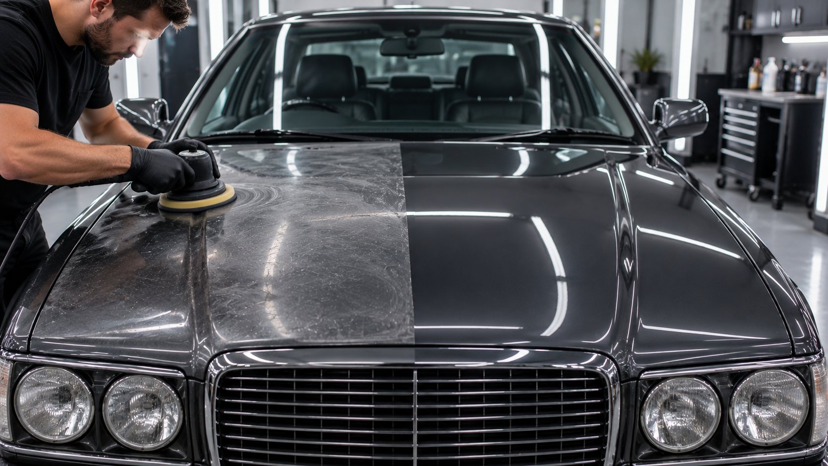 Dark grey metallic used car hood being restored and ceramic coated inside a professional detailing studio.