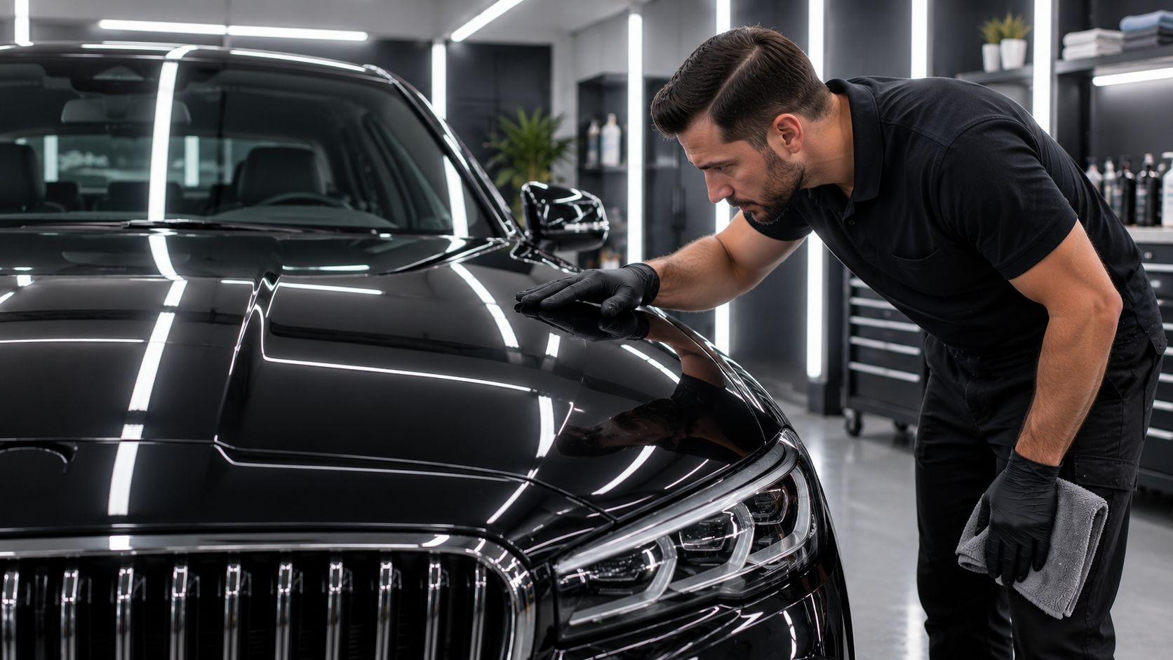 Auto detailing technician inspecting high-gloss ceramic coated car paint in a Santa Clarita studio.