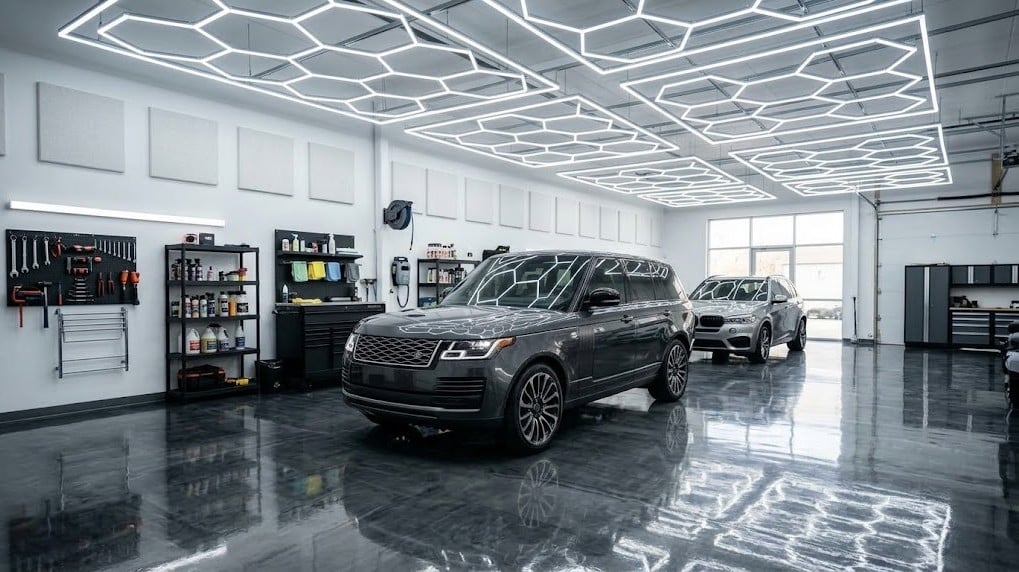 Dark metallic grey luxury SUV inside a Santa Clarita detailing studio displaying ceramic coating shine.