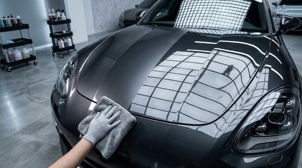 Charcoal metallic sports sedan comparing clear coat reflection between ceramic coating and paint sealant in a detailing shop.