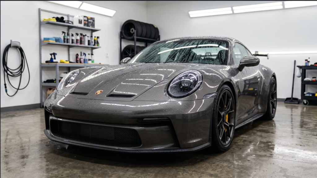 Dark metallic grey sports car showing hydrophobic water performance on a ceramic-coated hood