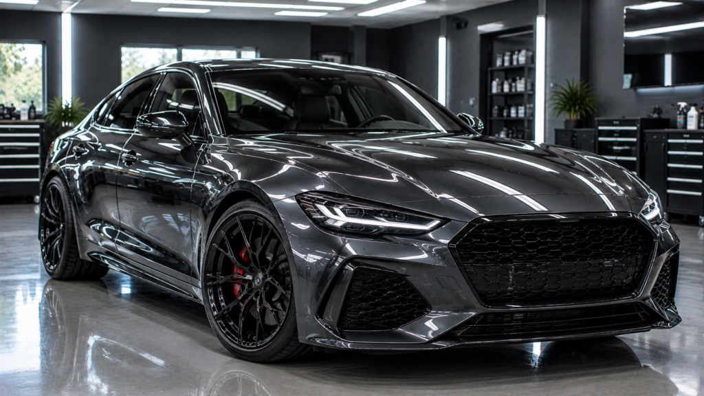 Sleek dark metallic grey sports sedan inside a detailing shop showing professional ceramic coating gloss