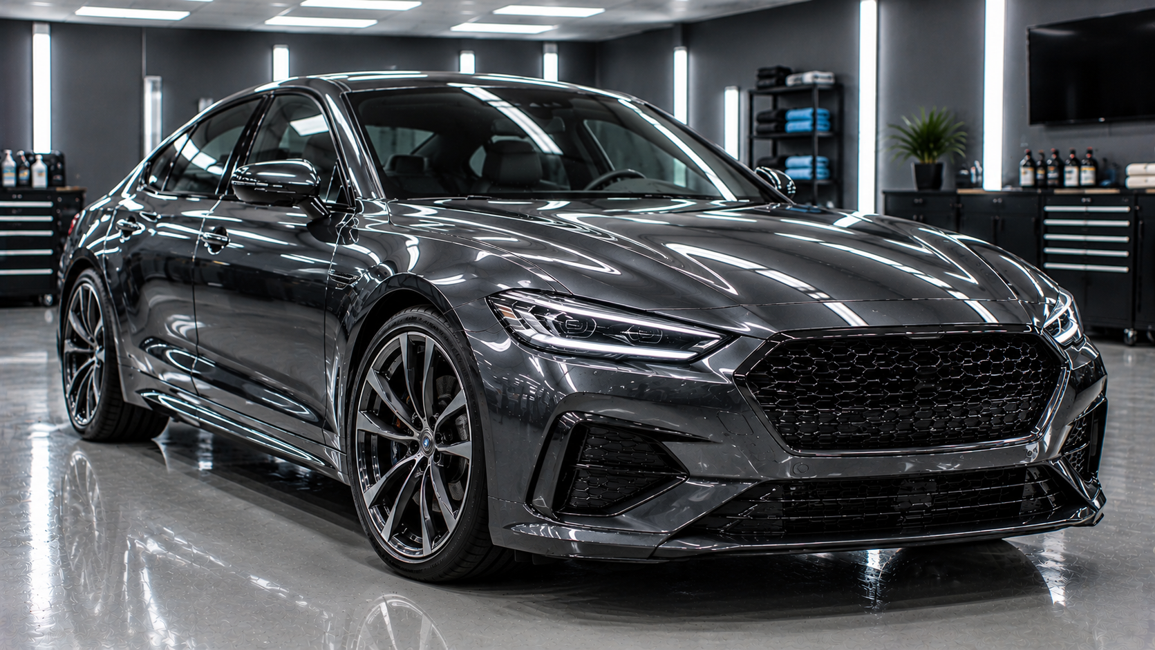 Brand-new metallic charcoal luxury sedan receiving ceramic coating protection in a detailing shop.