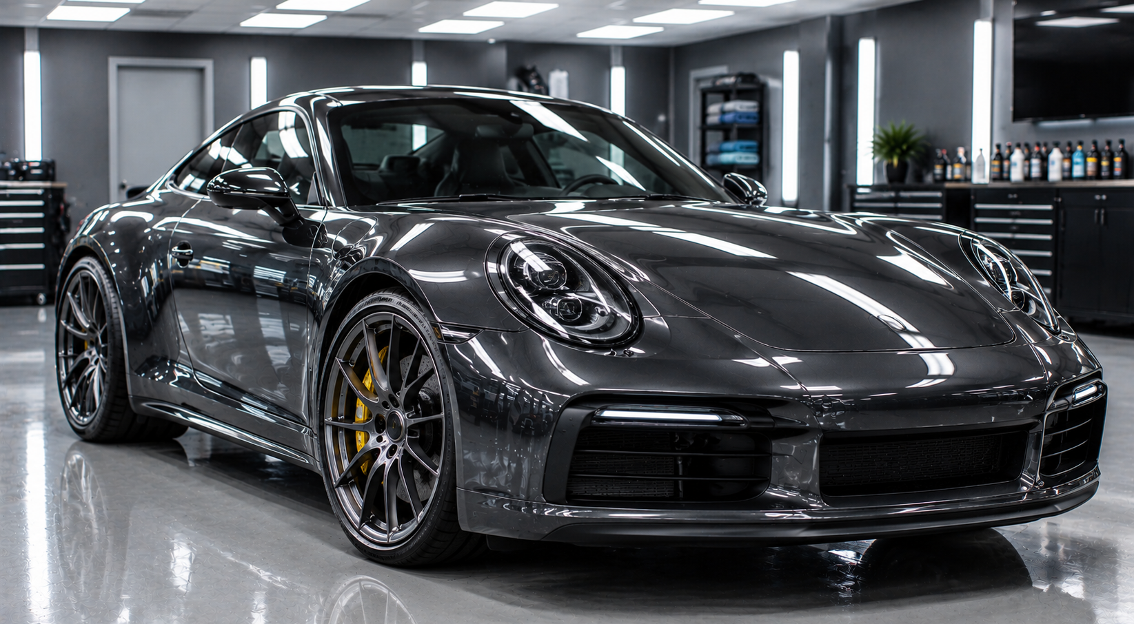 Charcoal grey sports coupe hood reflecting detailing lights after receiving paint protection.