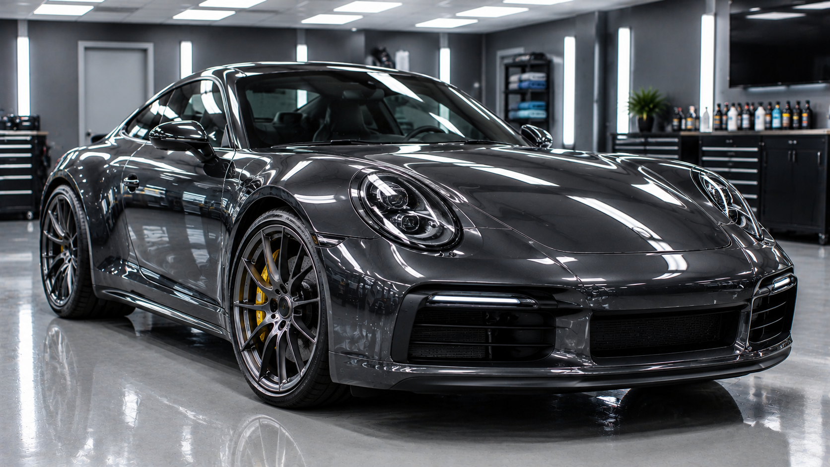Sleek charcoal sports coupe curing inside a professional auto detailing facility.