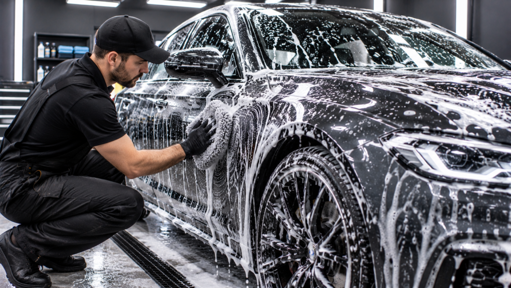 Professional detailer hand-washing a ceramic-coated luxury car using a microfiber mitt.