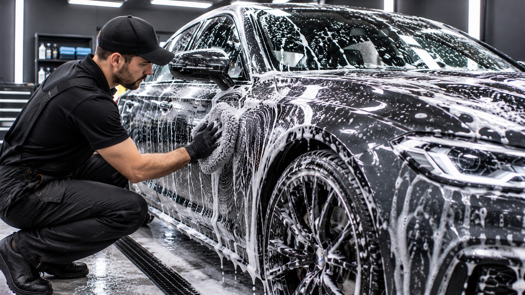 Professional detailer hand-washing a ceramic-coated luxury car using a microfiber mitt.
